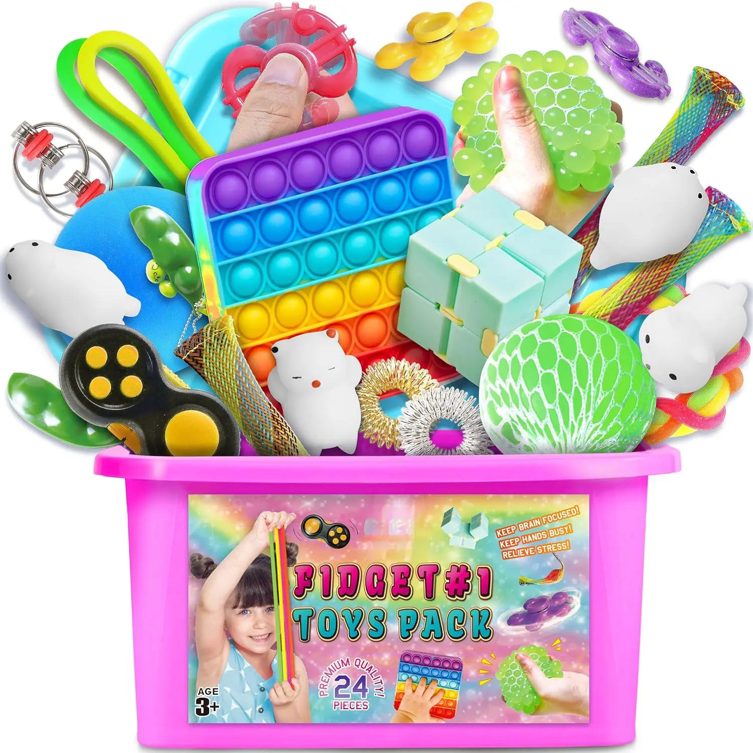 Sensory Fidget Box with Portable Case & Board - Mystery Stress Relief Toy Pack, Anxiety Squishies, Fidget Cube, Decompression Squeeze Toy for ADHD Kids, Party Favors, Sensory Fidget Cube