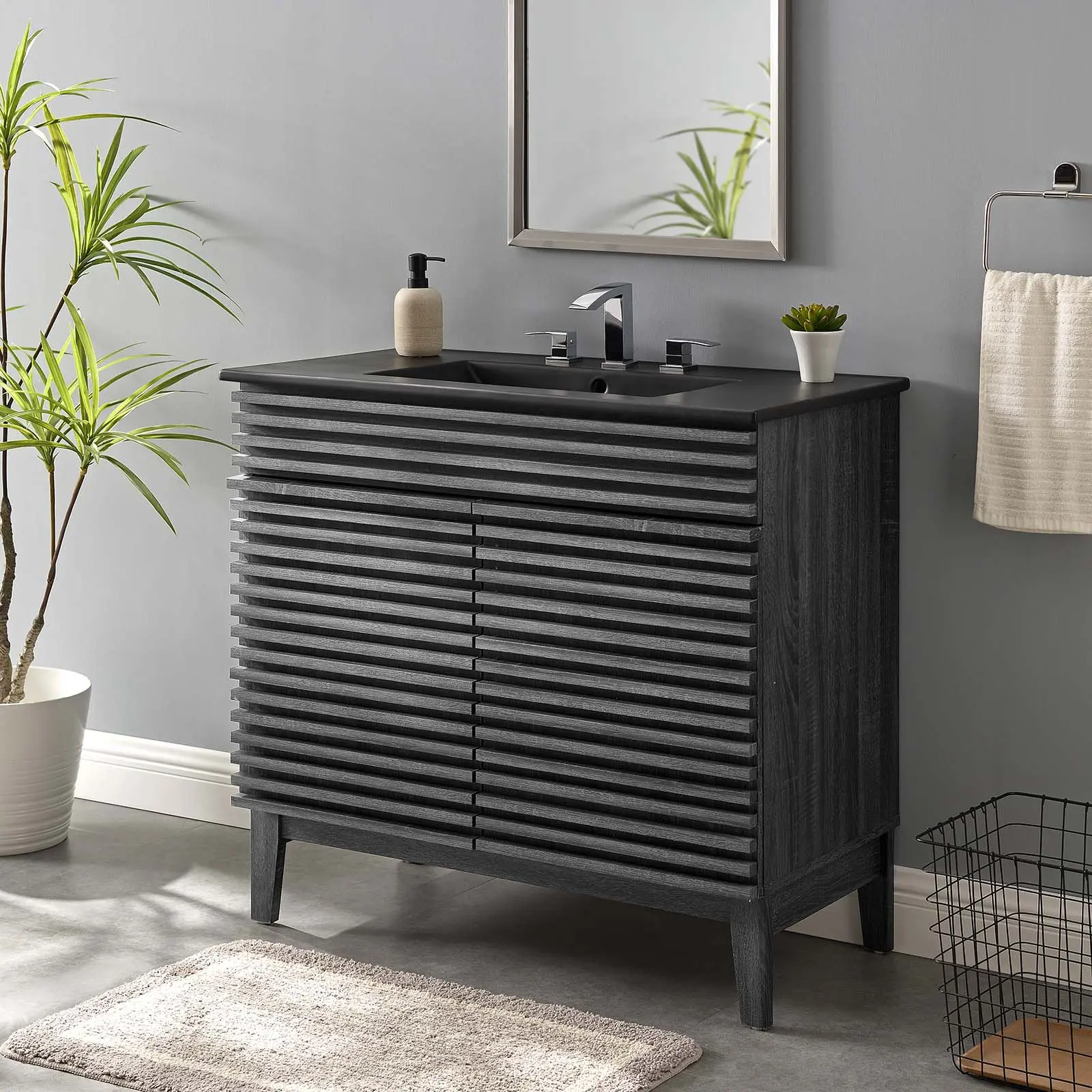 Modway Render 36 In Retro Wood Bathroom Vanity, Charcoal Black Home Improvement Furniture with Soft-Close Hinged Storage Cabinets for Interior Design, Soft-Close Hinged Doors