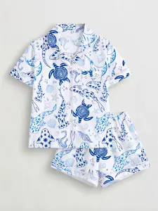 Women's Ocean Animal Print Pyjama Set, Short Sleeve Button-Up Top & Elastic Shorts, Casual Home Wear, Pajama Shorts Set, All Seasons