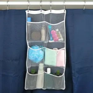 Shower organizer storage bag with six hanging pockets in the bathroom, mesh bathroom hanging bag