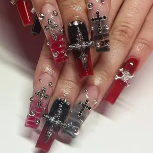 Press on Nails - Long Square Glue on Nails with Goth Red Black, Acrylic Gothic Y2K Cross Design 24 pcs