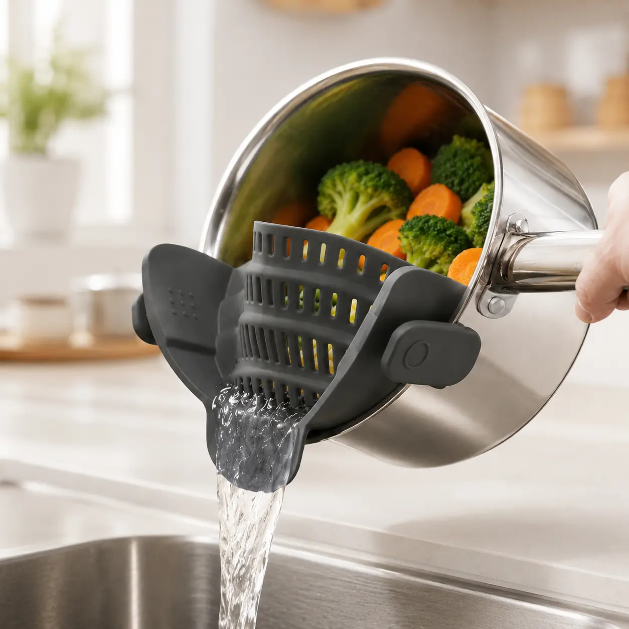 Flexible Clip-on Silicone Strainer - Multi-Functional Strainer, Vegetable Colander, Dishwasher-Safe Kitchen Utensils, Space-Saving Hanging Pot & Pan Fit Essential Home Supply