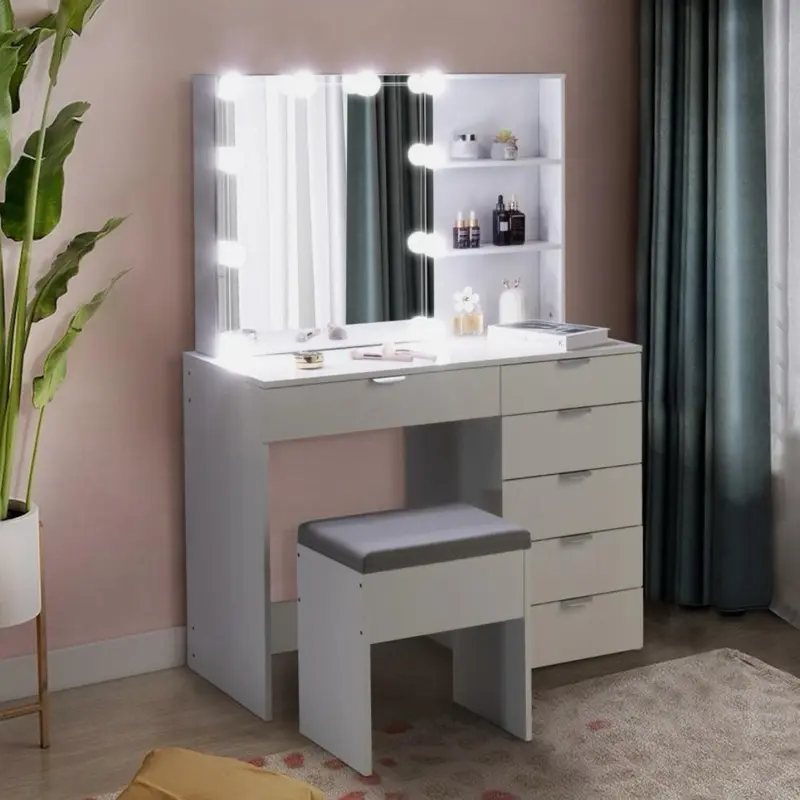 Bedroom Vanity Table Set 10 LED Mirror Makeup Desk with Storage Dressing Dresser