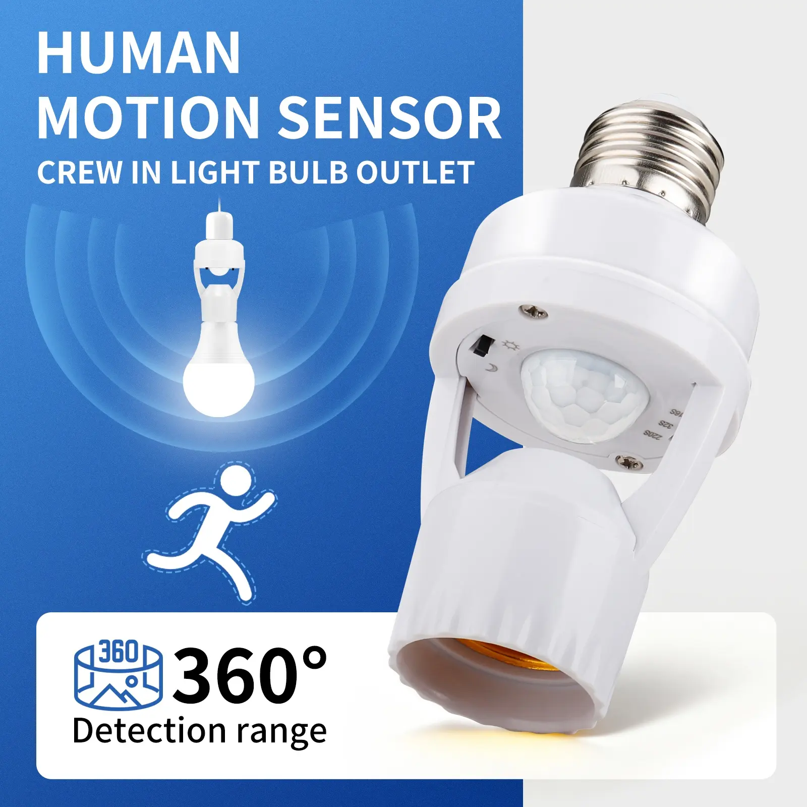 E27 ABS Motion-Sensor Lamp Base, Plug-in 110V-240V Energy-Efficient Device with Switch, 360° Auto-Sensing, No-Drill Flush Mount for Homeowners’ Hallways, Stairs (Indoor Use)