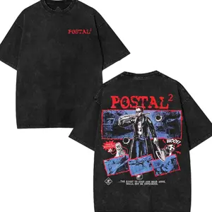 Postal 2 action movie game Double Printed Washed Cotton TShirt RPG Video Games Streetwear graphic tees Top 90s Clothes Menswear Apparel Classic Soft