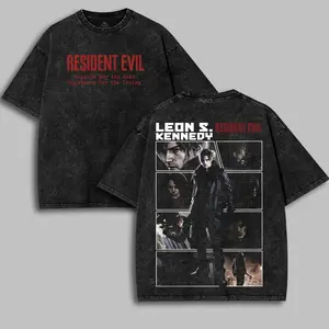 Resident Evil Requiem Leon S Kennedy RE9 horror Game Washed Tshirt 2 Sided Cotton unisex graphic tees game anime manga movie Menswear Casual gamer merch t-shirt Clothes Top