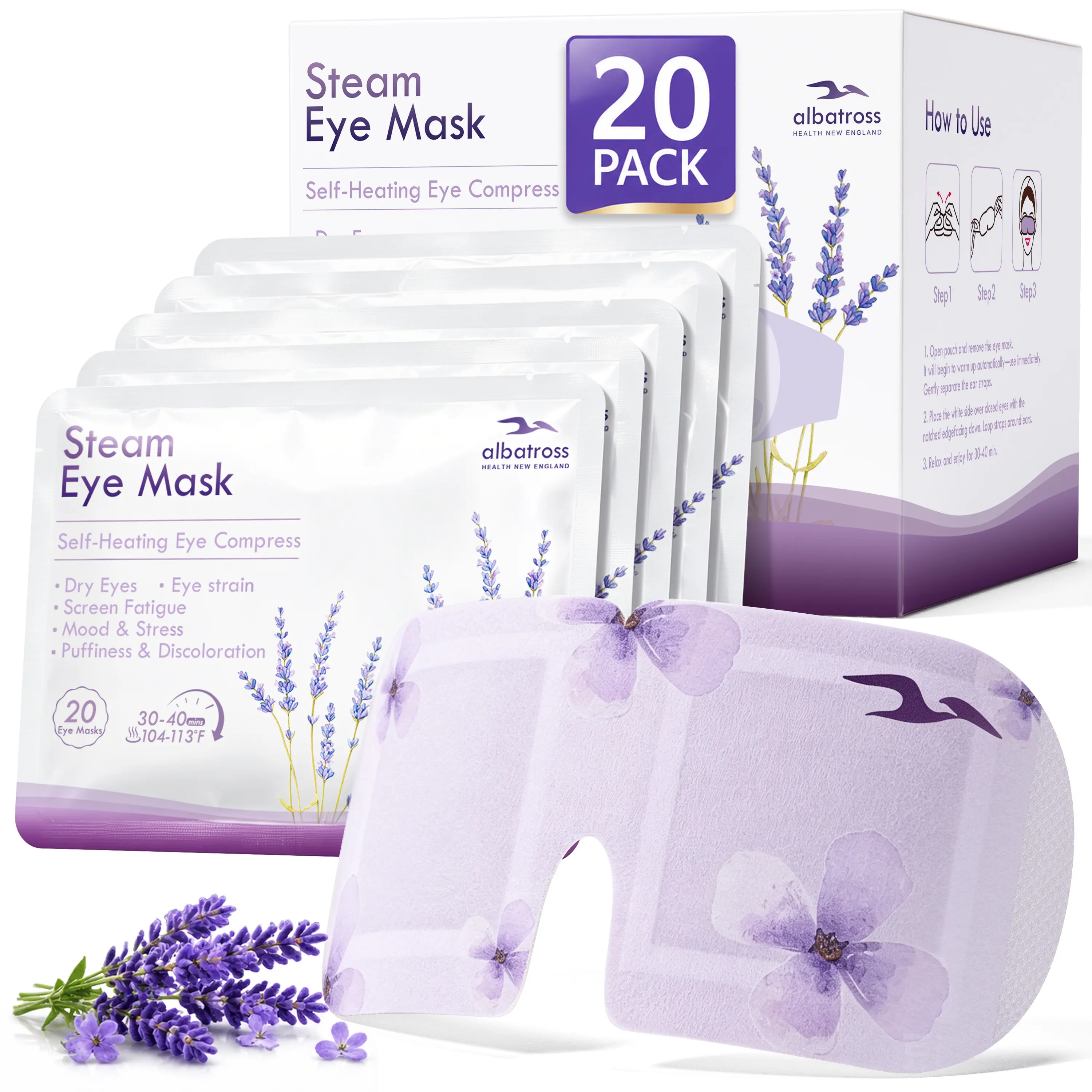 Albatross Health Self Heating Steam Eye Mask – Warm Eye Compress for Screen Fatigue, Better Sleep & Dry Eye Relief | 20 Count