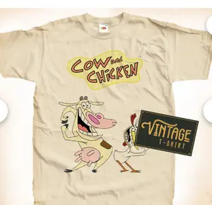 "Cow and Chicken V1 T-Shirt: Natural Vintage Cotton Tee Featuring Movie Poster, Available in All Sizes S to 5X"