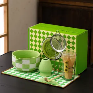 7/10pcs Matcha Tea Set,  green Ceramic Bowl with Bamboo Whisk, Holder and Strainer (Green grid) Elegant Matcha Set for Gifting and Personal Use, Gift Box Packaging Ceramic Matcha Tea Maker Set Ceramic Spouted Matcha Tea Set