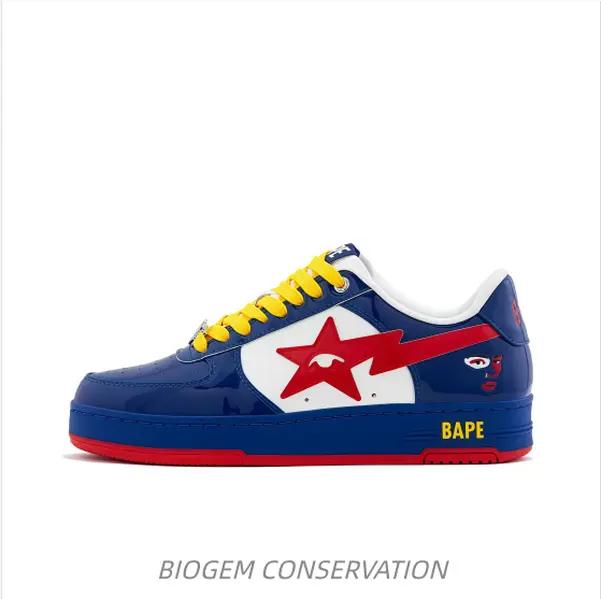 Blue white red low top athletic shoes with cushioned sole, offer stable foot support for walking and light sports.