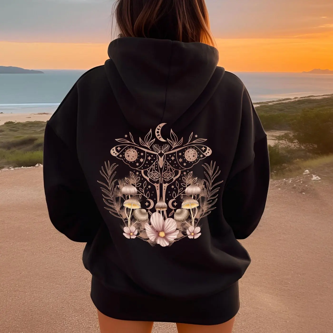 Vintage Mushroom Hoodie, Boho Forest Core Sweatshirt, Cottage Core Clothing, Spiritual Mushroom, Goblincore, Fairycore, Nature Hoodie Lunar