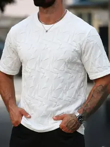Men's Summer Textured Round Neck T-Shirt, Casual Style for Daily Commute, Travel, Vacation, Urban Mature, British Gentleman Style