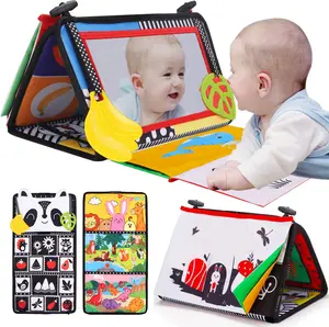 Tummy Time Baby Mirror Infant Toys Newborn Toys with Crinkle Cloth Book and Teether Black and White High Contrast Baby Toys Boys Girls Crawling Sensory Toy