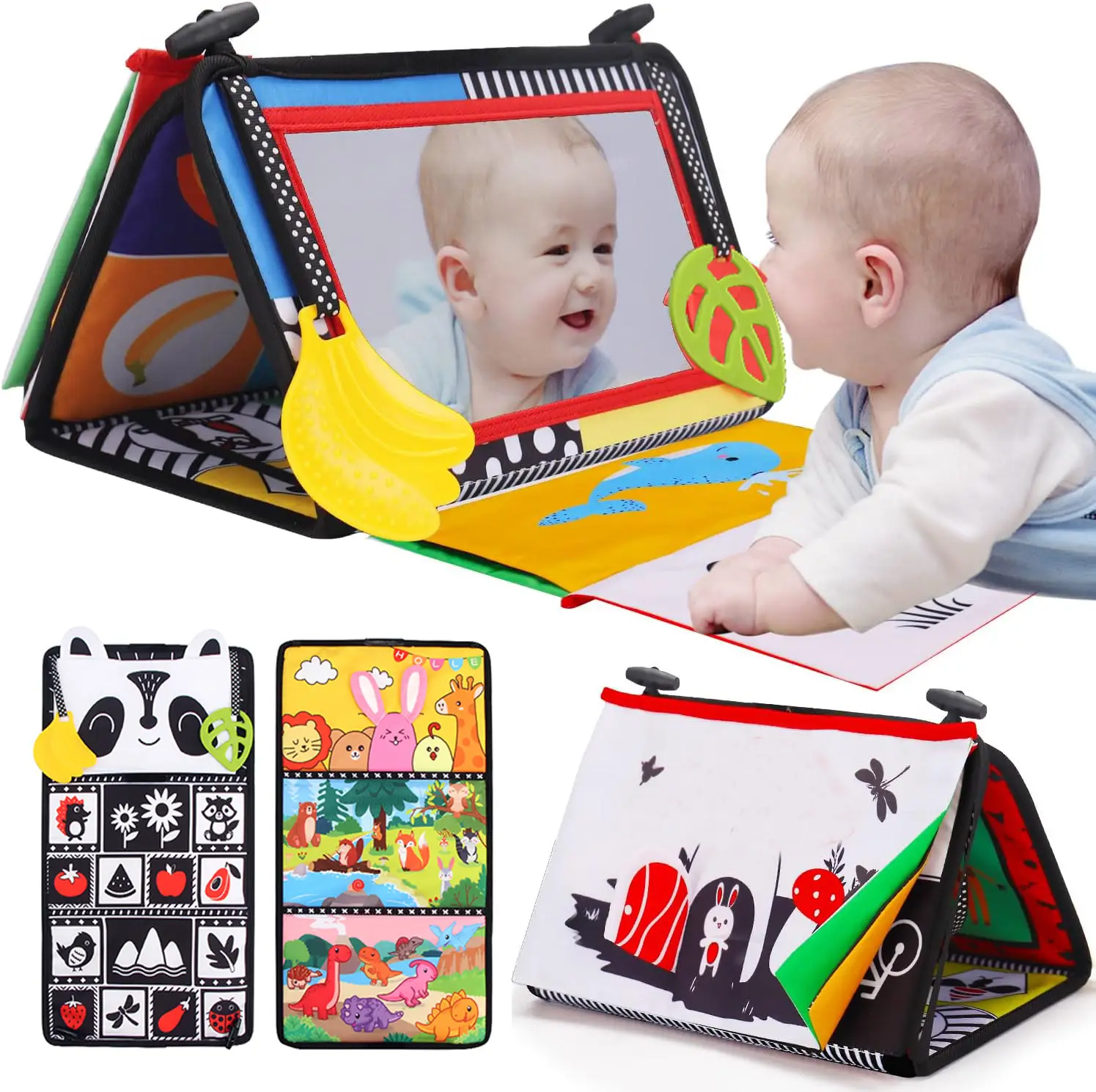 Tummy Time Baby Mirror Infant Toys Newborn Toys with Crinkle Cloth Book and Teether Black and White High Contrast Baby Toys Boys Girls Crawling Sensor
