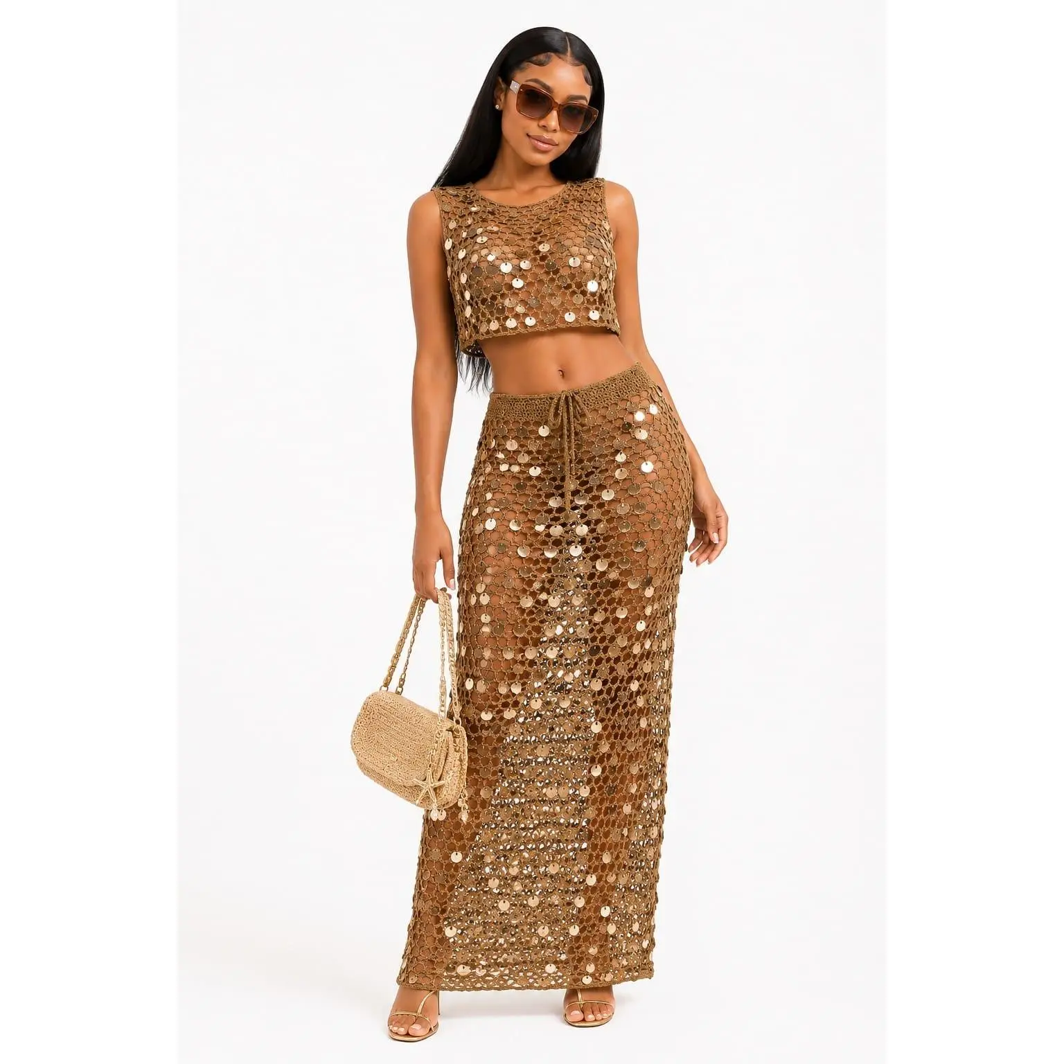 Coin Crochet Crop Top & Maxi Skirt Set