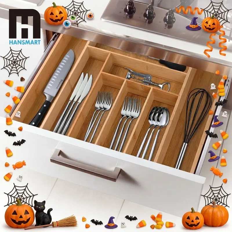 Expandable Bamboo Drawer Organizer - Adjustable 6-8 Slot Utensils Tray, Durable, Easy-Clean, Warm Bamboo Look, Cosmetic Holder, Box Organizer, Jewelry Storage, Bathroom & Kitchen Accessories Drawer Organizer Storage