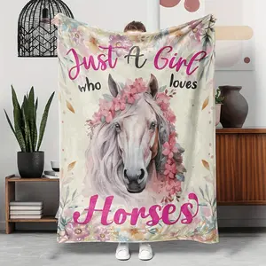 1pc Flannel Fleece Throw Blanket, "Just a Girl Who Loves Horses" Print, Soft Warm Cozy Sofa Bed Office Blanket, All-Season Anti-Allergen, Machine Washable, Durable, Multifunctional, Polyester, Knitted, Digital Print, 200-250g Square