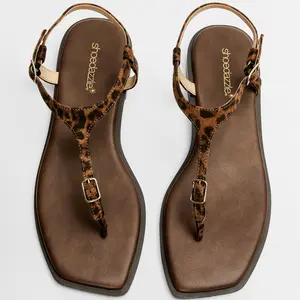 Just Fab Women's Leopard Print Thong Sandals with Adjustable Buckles Soft PU Footbed Square Toe Non-slip Summer Casual Walking Shoes