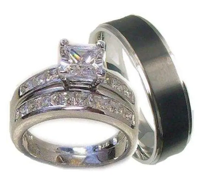 Couple Rings 3-Piece Classic Bridal Set - 925 Sterling Silver, 316L Stainless Steel, 3mm AAA Quality Princess Cut Stones, Matching Wedding & Engagement Bands Jewelry