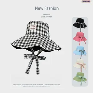 Reversible Bucket Hat for Women Plaid Wide Brim Sun Hat UV Protection Double Sided Summer Hat for Beach Travel Outdoor