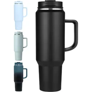 50 oz Tumbler with Handle, Insulated Tumblers with Lid and Straw, Large Metal Sports Water Bottle Jug, Thermal Stainless Steel Travel Coffee Mug Cup, Black