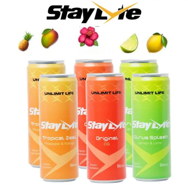 StayLyte Sparkling Electrolyte Drink 3-in-1 Hydration Energy Recovery Beverage 425mg Electrolytes 50mg Clean Caffeine B Vitamins Variety Pack 12oz Cans Natural Vegan Sport