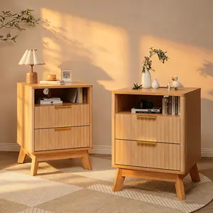 2-Pack 18" Modern Fluted Nightstand with Charging Station, Curved Front Side Table with 2 Drawers, Multi-Functional End Table for Bedroom, Living Room & Small Spaces