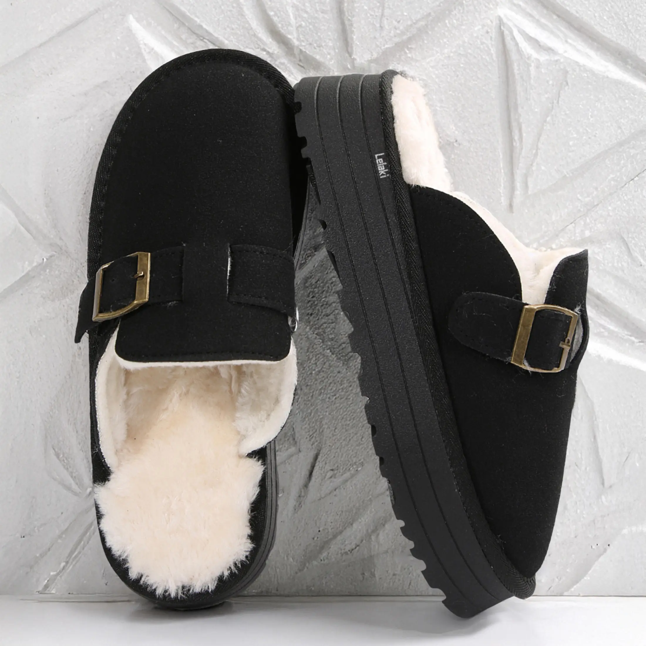 Women's Faux Suede Platform Clogs with Fuzzy Lining  Mini Snow Boots Buckle-Accented Warm Mules Indoor Outdoor Shoes for Winter