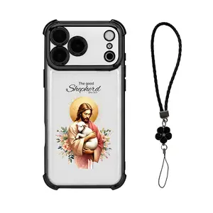 Cute Four Corner Airbag Anti-Collision Electroplated Clear iPhone Case with Strap for iPhone 17 Pro Max 16 15 Plus Air 14 13 12 11 John 10:11 Jesus Lamb Pattern Smartphone Protection Cover Cellphone Protective Shockproof Casing