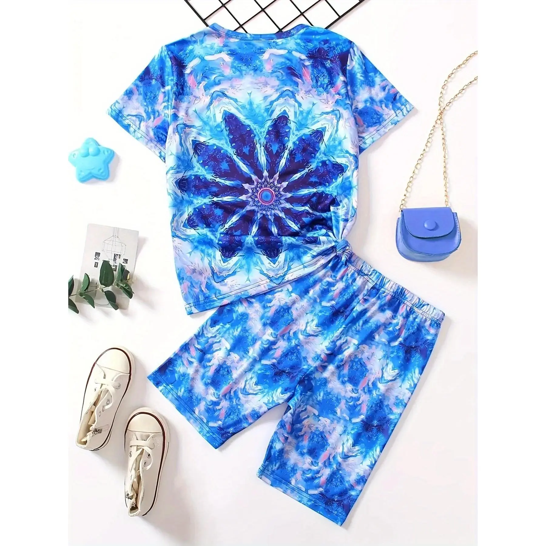 (New)Tie-Dye Shorts Set |     Matching Tie-Dye Short-Sleeved T-Shirt and Print Shorts, Spring and Summer Combination Style, Suitable for Outdoor Wear, Casual Fashion, Perfect for Outdoor Activities