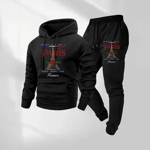 Men's Parisian letter print hoodie and drawstring track pants set, men's casual sportswear, long-sleeved hooded jacket and pants, suitable for autumn and winter, men's everyday wear, indoor and outdoor sportswear, sportswear set.