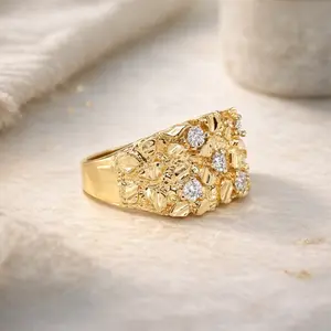 14K Gold Plated Nugget Ring with Diamonds, Vintage Chunky Gold Signet Ring for Men Women