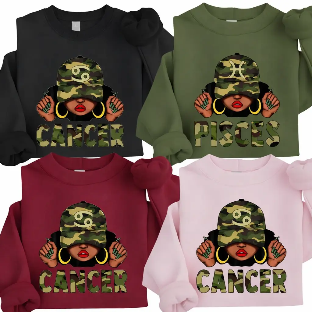[Full 12 Zodiac] Camo Zodiac Sweatshirt – Full 12 Astrology Sign Pullover with Camouflage Hat & Bold Lettering, Trendy Unisex Horoscope Crewneck for Cancer, Pisces & Zodiac Lovers