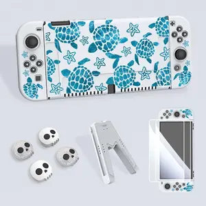 Turtle Pattern Game Console Protective Case with Tempered Film & V-shaped Grip & Rocker Cap, Multi-functional Game Console Accessories for Switch OLED/NS/Lite