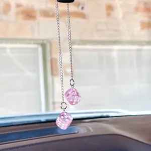 Dice Car Charm Acrylic - Pink Color, Simple Design, Includes Chain Attachment