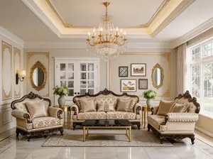 Formal Traditional Luxury Sofa Set 3pc Sofa Loveseat Chair Cherry Finish with Gold Tipping Solid Wood Living Room Furniture