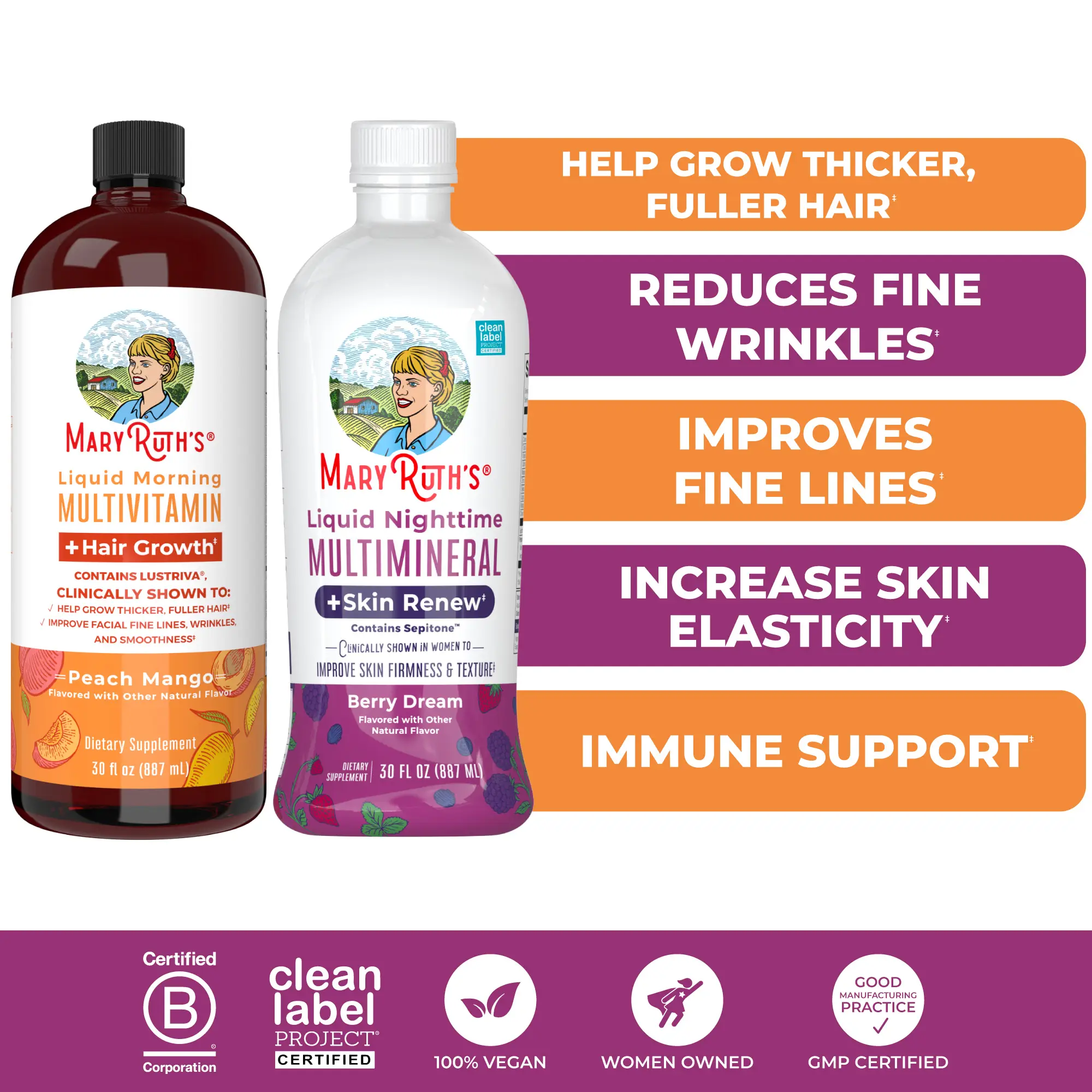 MaryRuth's Hair Growth & Skin Renew Bundle - Liquid Morning Multivitamin + Hair Growth Peach 30 oz - Liquid Nighttime Multimineral + Skin Renew 30 oz