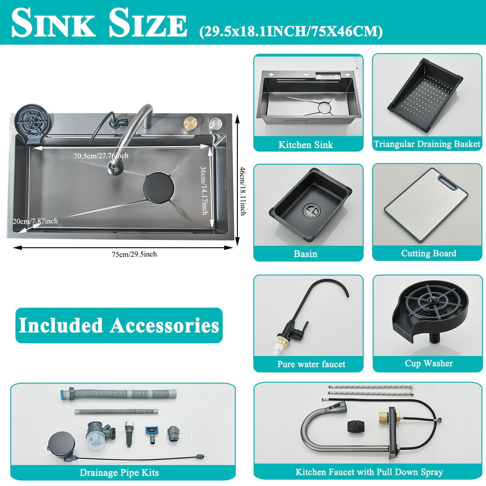 Senlesen 29.5x18 inch Stainless Steel Waterfall Kitchen Sink with Pull Out/Down Faucet Drop in Single Bowl Sink with Drain Assembly Accessories Flying Rain Mixer Faucet Modern Senlesen 29.5x18 inch Stainless Steel Waterfall Kitchen Sink with Pull Out/Down Faucet Drop in Single Bowl Sink with Drain Assembly Accessories Flying Rain Mixer Faucet Modern