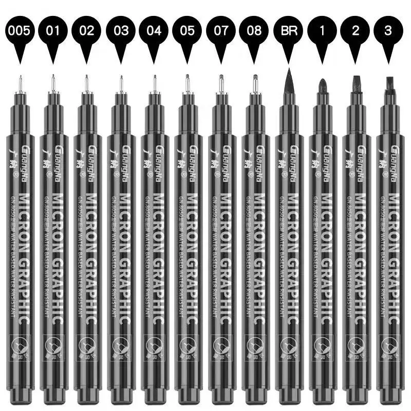 Black Micro Pens, 12 Sizes in 0.23mm - 5mm, Waterproof Archival Ink, Fine Point Pen for Artist Illustration, Sketching, Anime, Manga and Technical Drawing