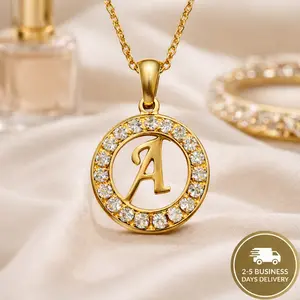 Initial Letter Necklace for Women Men, Gold Tone Round Alphabet Pendant with Sparkling Rhinestones, Personalized Monogram Charm Jewelry Gift