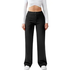EKAOYI Womens Casual High Waist Straight Leg Pants Stretchy Button Business Dress Work Pocket Trousers