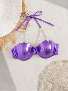 Women's Bikini Top with Shiny Shell Design, Pearl Chain Shoulder Straps, Fashionable Elegant Swimsuit, Beachwear, Strapless Swim Top