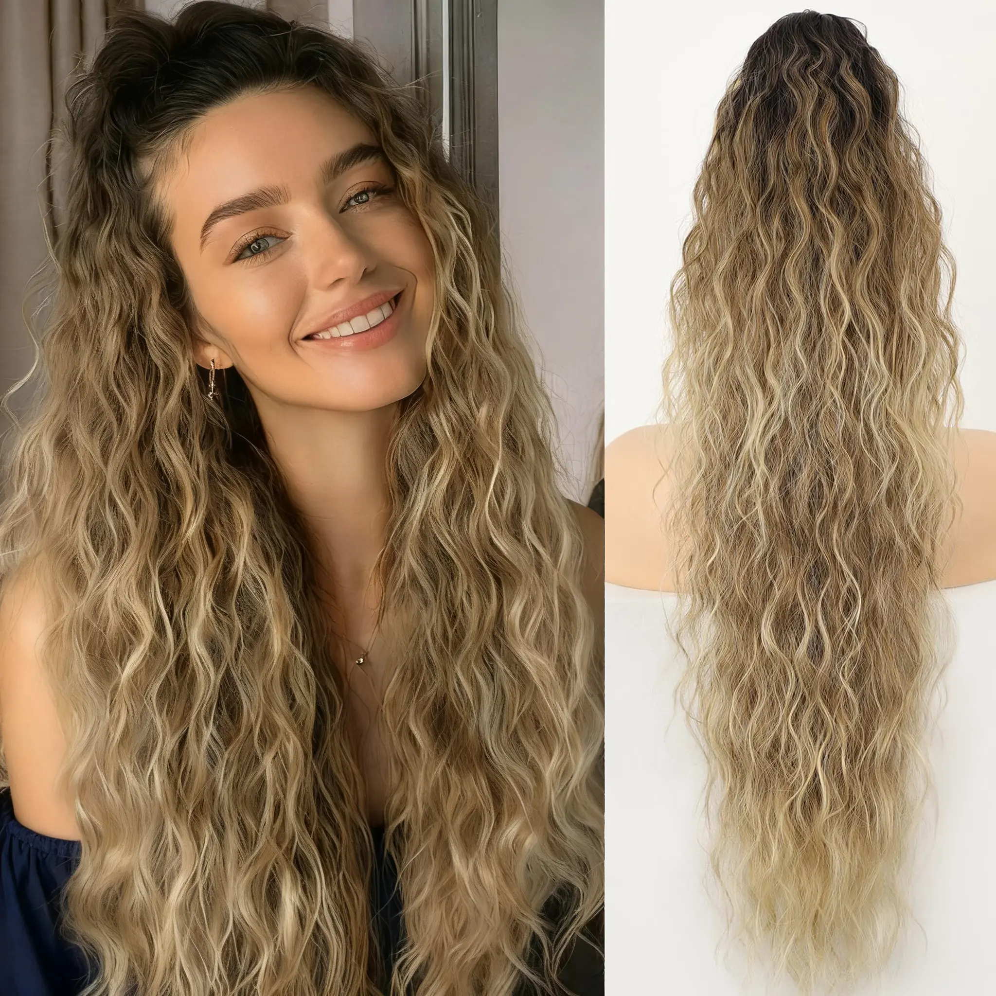 Ponytail Extension Claw Clip 30 Inch Long Wavy | 2 in 1 Clip & Drawstring Ponytail One Step Easy Wear Synthetic Hairpiece Secure Comfortable for Women Party Dating (Ombre Brown Mix Blonde)
