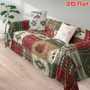 2D flat 1Pc Nordic Christmas Patchwork Pattern Throw Blanket, Vintage Holiday Pine Floral Print Design - Durable Cozy Sofa Cover, Modern Festive Home Decor Perfect for Living Room Bedroom Couch Protection and Seasonal Decoration
