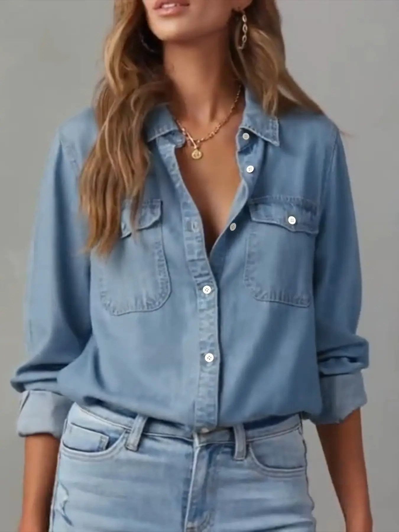 Women's Fashion Chic Denim Shirt Jacket Collared, Western Vintage Washed Single Button Closure, Streetwear Casual Daily Wear, Long Sleeves, All Seasons, Minimalist, Button Up Jacket