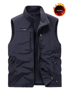 Solid Color Zipper Pocket Work Vest Gilet for Men, Casual Summer Autumn Outdoor Fishing Hiking Photography, Woven Fabric Fitted Style, Adult Size