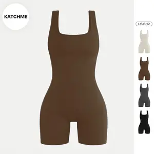 KatchMe Women's Athletic Thin Waist Ribbed Stretch Shaping Playsuit, Plain U Neck Sleeveless Tummy Control Shaping Bodysuit, Butt-Lifting Womenswear(US)