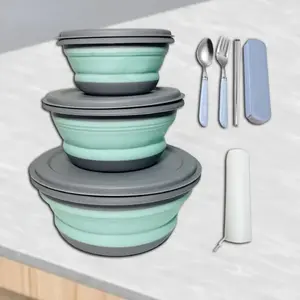 Foldable Silicone Camping Bowls with Lids Expandable Lunch Box Salad Bowl for Travel, Office, Outdoors Durable, Chopsticks, Spoons, Forks, Leak-proof Food Storage Bento Containers
