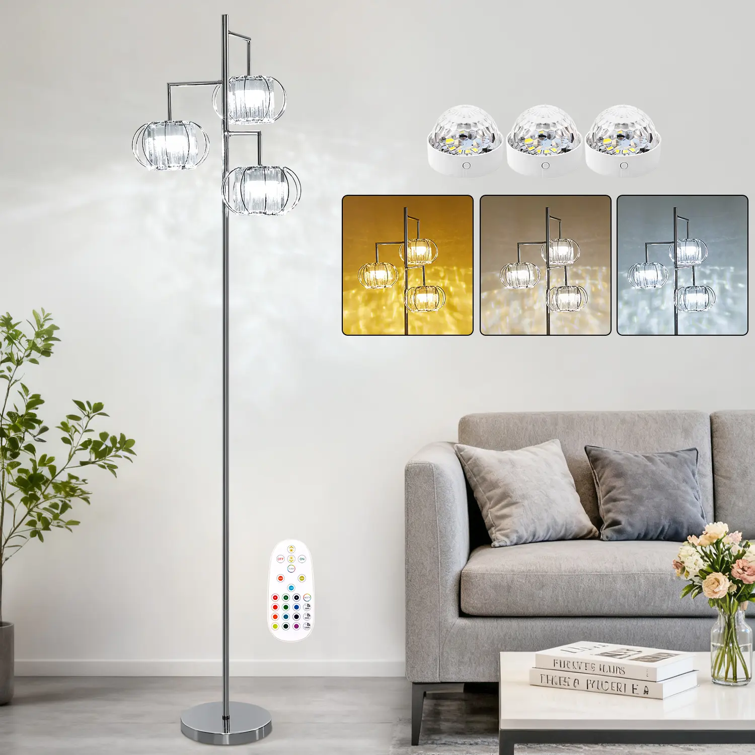 Crystal Floor Lamp, 3 Head LED Standing Lamp with Elegant Crystal Shade, Modern Decorative Corner Light for Living Room, Bedroom, Office & Home Decor