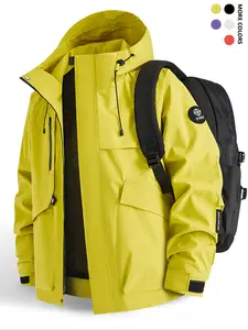 Men's Outdoor Waterproof Lightweight Windproof Jacket, Full Zip Design Large Pockets, Hooded Polyester Fabric for Fall & Winter, Zippered Jacket